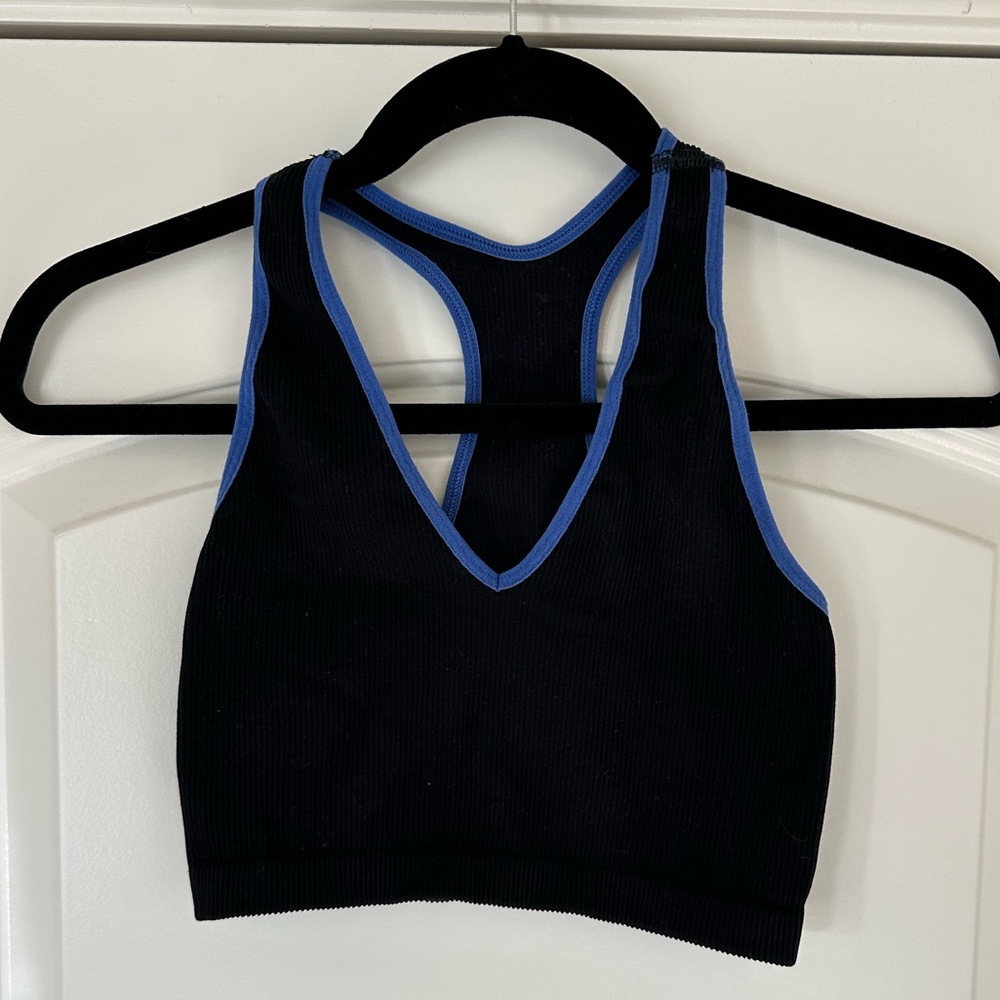 Free People Movement‎ Black Racerback Crop Top with Blue Trim and V Neckline Med